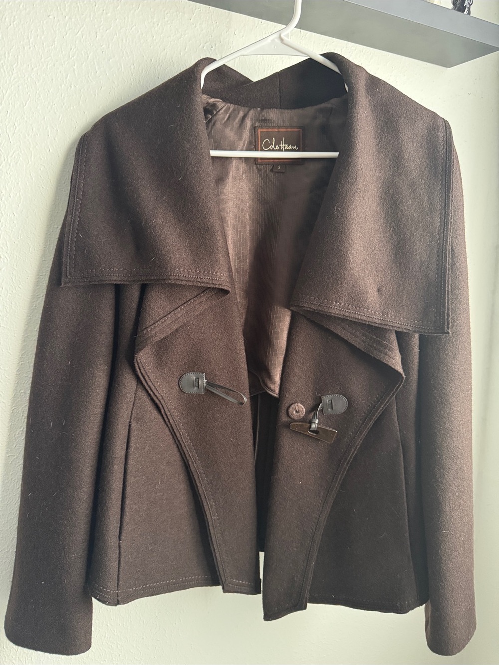 Cole Haan Chocolate Brown Wool-Blend Pea Coat
